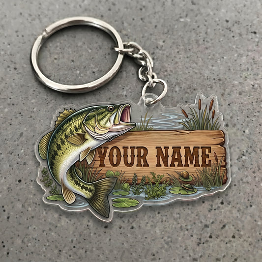 Maxcorners Largemouth Bass Fishing Lake Wooden Sign Personalized Name 3D Keychain And Ornament