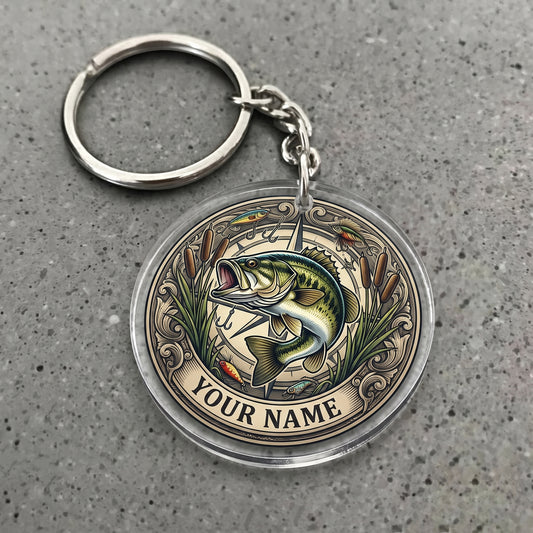 Maxcorners Largemouth Bass Fishing Compass Rose Lake Personalized Name 3D Keychain And Ornament