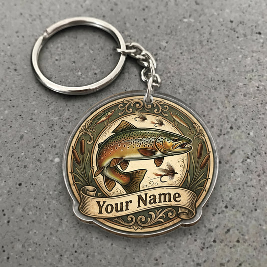 Maxcorners Trout Fishing Lake Vintage Emblem Personalized Name 3D Keychain And Ornament