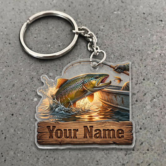 Maxcorners Trout Fishing Sunset Lake Personalized Name 3D Keychain And Ornament