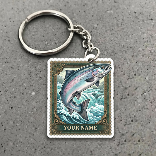 Maxcorners Salmon Fishing Vintage Stamp Personalized Name 3D Keychain And Ornament