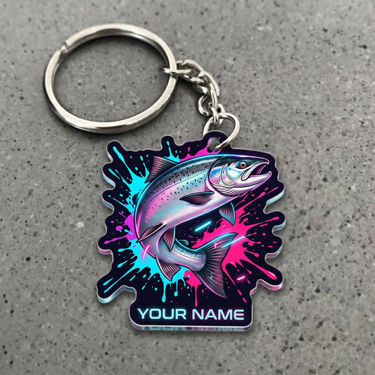 Maxcorners Salmon Fishing Neon Splash Personalized Name 3D Keychain And Ornament