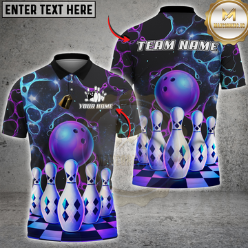 Maxcorners Bowling Galaxy Neon Ball and Pins Personalized Name, Team Name 3D Shirt
