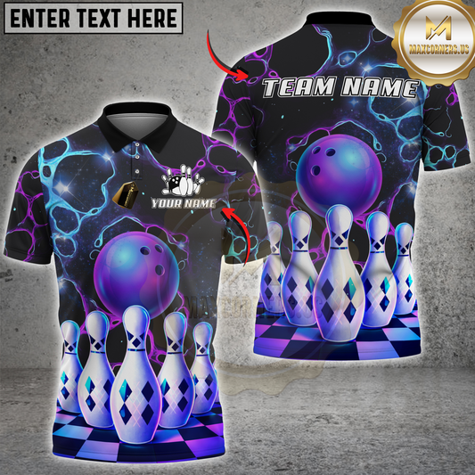 Maxcorners Bowling Galaxy Neon Ball and Pins Personalized Name, Team Name 3D Shirt