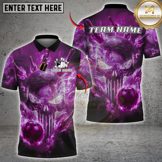 Maxcorners Bowling Skull Flame Multicolor Options Personalized Name, Team Name 3D Shirt (4 Colors)