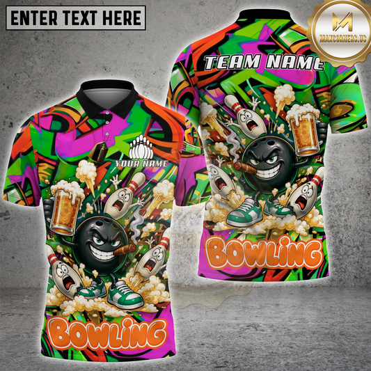 Maxcorners Bowling Ball And Pins Funny Beer Drunk Gang Multicolor Options Personalized Name, Team Name 3D Shirt (4 Colors)