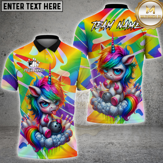Maxcorners Bowling Rainbow Angry Unicorn Personalized Name, Team Name 3D Shirt