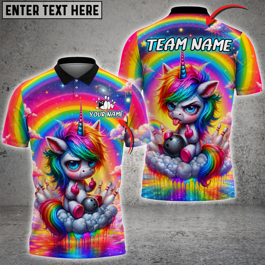 Maxcorners Angry Unicorn Bowling Rainbow Fantasy Cartoon Personalized Name, Team Name 3D Shirt