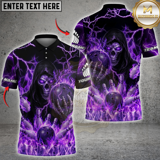 Maxcorners Grim Reaper Bowling Flame Multicolor Option Customized Name, Team Name 3D Polo Shirt (6 Colors)