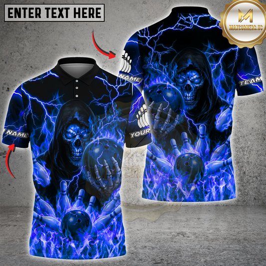 Maxcorners Grim Reaper Bowling Flame Multicolor Option Customized Name, Team Name 3D Polo Shirt (6 Colors)