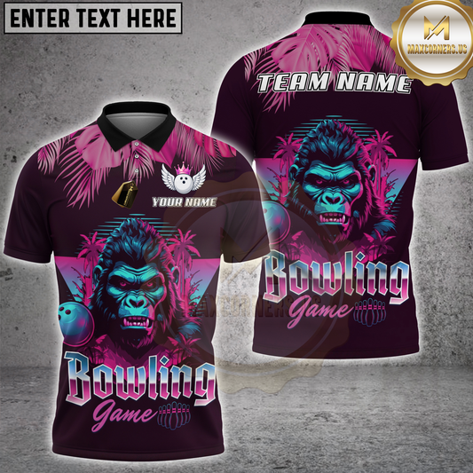 Maxcorners Bowling Synthwave Gorilla Retro Neon Multicolor Options Personalized Name, Team Name 3D Shirt (6 Colors)