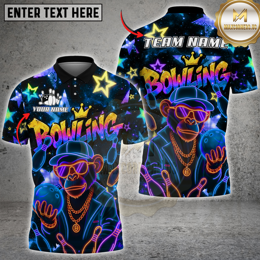 Maxcorners Bowling Monkey Neon Multicolor Options Personalized Name, Team Name 3D Shirt (4 Colors)