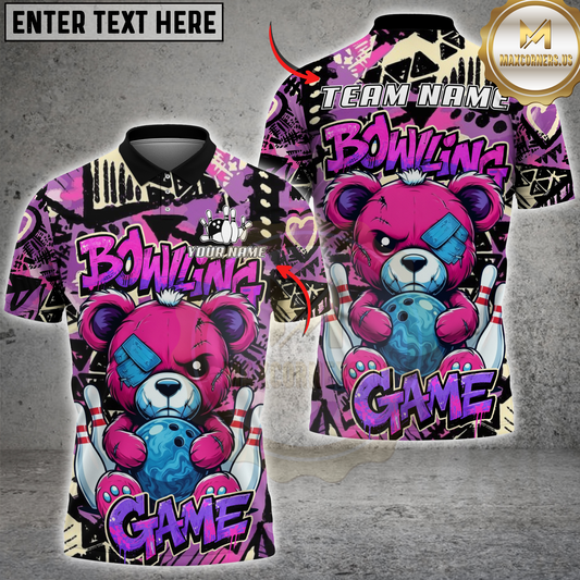 Maxcorners Bowling Teddy Bear Graffiti Multicolor Options Personalized Name, Team Name 3D Shirt (6 Colors)