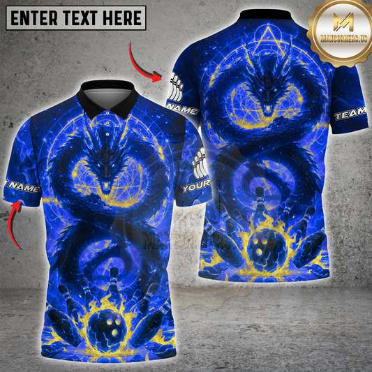 Maxcorners Bowling Dragon Flame Power Multicolor Options Personalized Name, Team Name 3D Shirt (4 Colors)