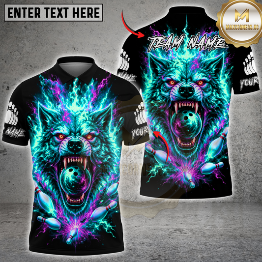Maxcorners Wolf Bowling Neon Lightning Multicolor Options Personalized Name, Team Name 3D Shirt (4 Colors)