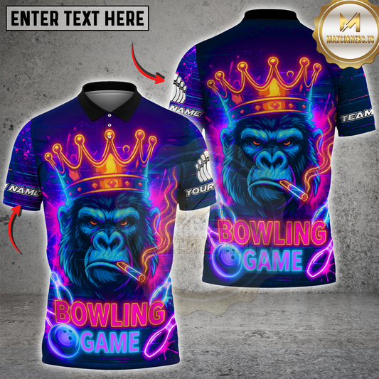 Maxcorners Bowling Neon King Gorilla Multicolor Options Personalized Name, Team Name 3D Shirt (4 Colors)