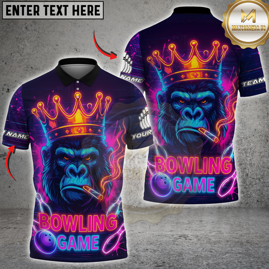 Maxcorners Bowling Neon King Gorilla Multicolor Options Personalized Name, Team Name 3D Shirt (4 Colors)