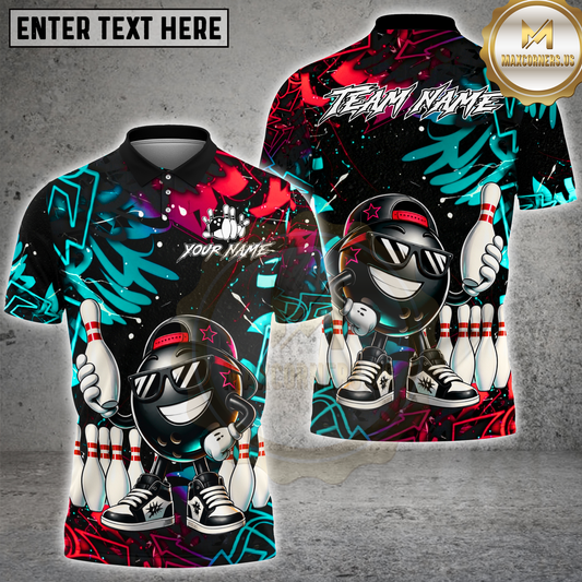Maxcorners Bowling Cool Bowling Ball And Pins Graffiti Multicolor Options Personalized Name, Team Name 3D Shirt (4 Colors)
