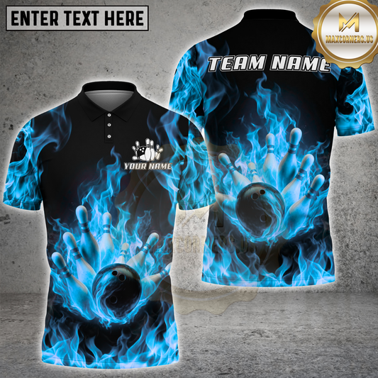 Maxcorners Bowling Flaming Strike Burst Multicolor Options Personalized Name, Team Name 3D Shirt (4 Colors)