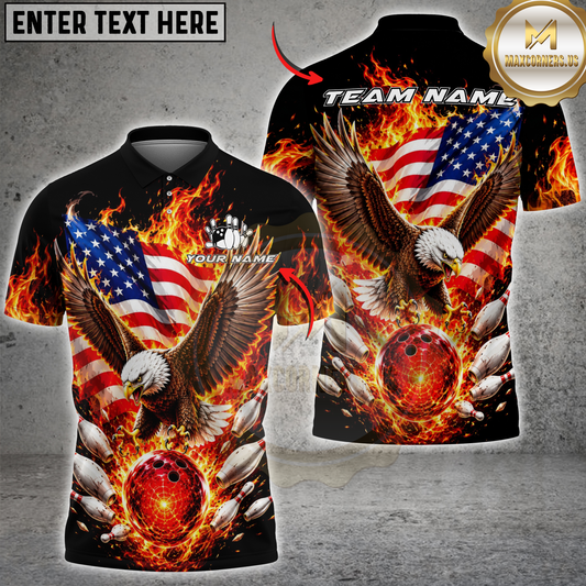 Maxcorners Patriotic Bowling Bald Eagle Fireball USA Flag Personalized Name, Team Name 3D Shirt