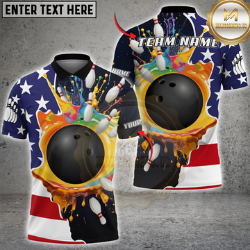 Maxcorners Bowling USA Flag Paint Energy Bowling Ball And Pins Personalized Name, Team Name 3D Shirt