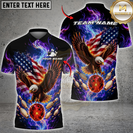 Maxcorners Eagle Bowling American Flag Explosion Personalized Name, Team Name 3D Shirt