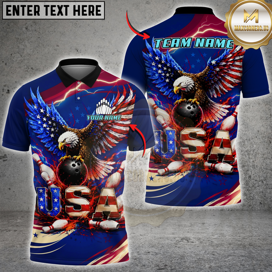 Maxcorners USA Flag Bowling Eagle Thunder Energy Personalized Name, Team Name 3D Shirt
