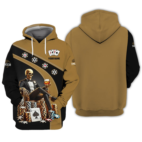 Custom Poker Shirt – Black & Gold Skeleton King Design with Chips and Whiskey – Personalized Casino Tee for Card Sharks