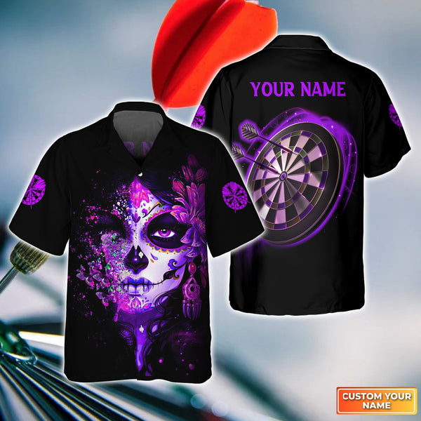 Maxcorners Darts Sugar Skull Girl Butterfly Customized Name 3D Hawaiian Shirt