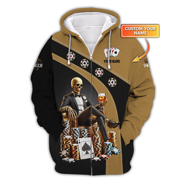 Custom Poker Shirt – Black & Gold Skeleton King Design with Chips and Whiskey – Personalized Casino Tee for Card Sharks