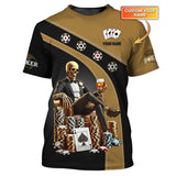 Custom Poker Shirt – Black & Gold Skeleton King Design with Chips and Whiskey – Personalized Casino Tee for Card Sharks