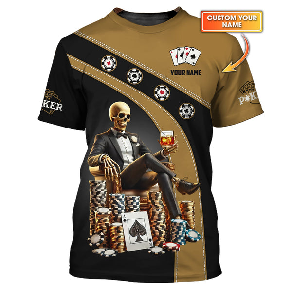 Custom Poker Shirt – Black & Gold Skeleton King Design with Chips and Whiskey – Personalized Casino Tee for Card Sharks