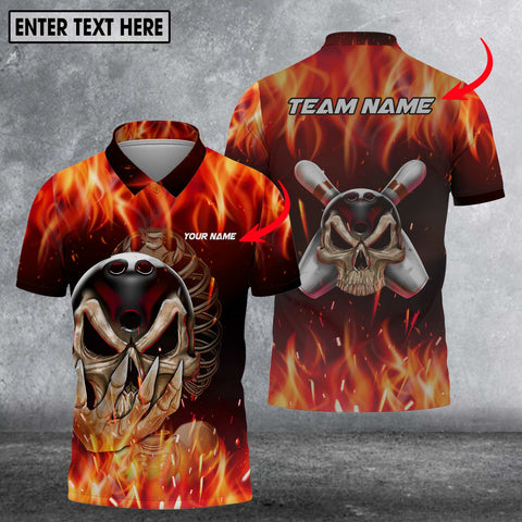 MaxCorners Bowlings  Skull Fire Bowling Customized Name 3D Polo Shirt For Men