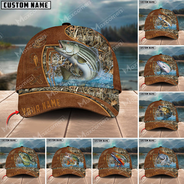 Maxcorners Personalized The Best Leather Pattern Fishing 3D Cap ( Large Mouth Bass, Walleye, Stripped Bass, Trout Fish, Catfish, Crappie, Salmon, Pike )