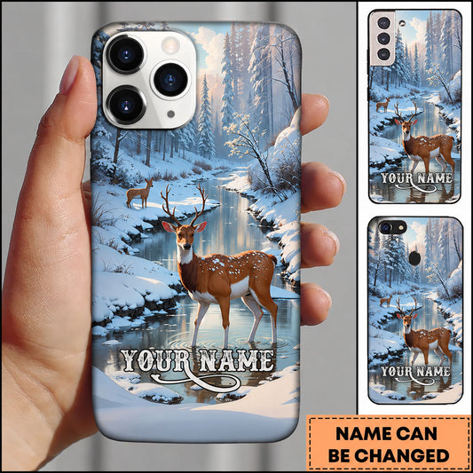 Maxcorners Hunting Deer in Snowy Forest Stream Personalized Name Phone Case