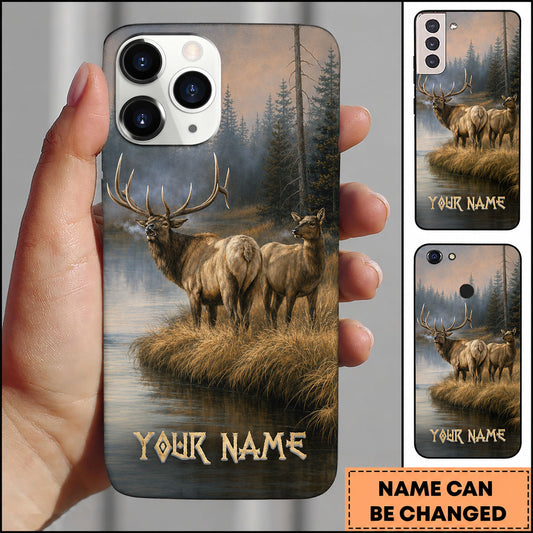 Maxcorners Hunting Elk Pair by Misty Lake Personalized Name Phone Case