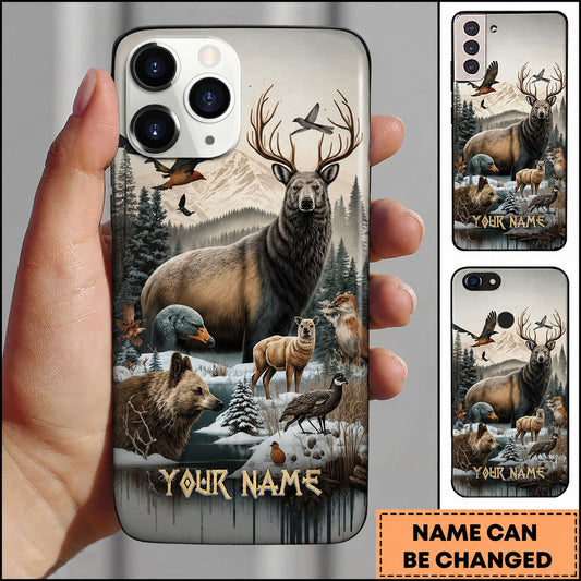 Maxcorners Hunting Mountain Wildlife Elk and Bear Collage Personalized Name Phone Case