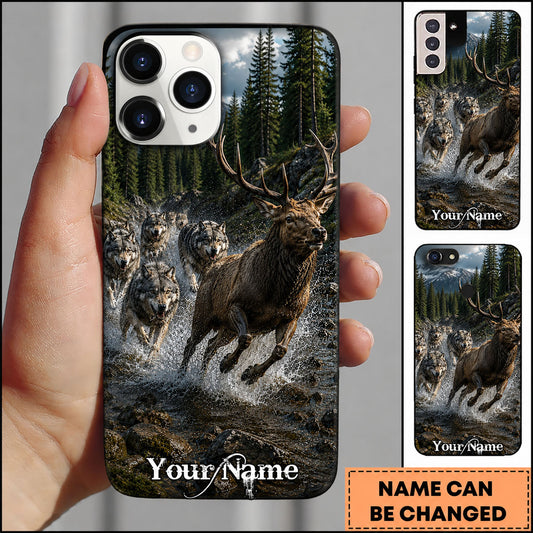 Maxcorners Hunting Deer Chased by Wolves in Mountain Stream Personalized Name Phone Case