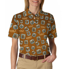 Maxcorners Funny Golf And Bourbon Polos, Brown Golf Shirt with Whiskey Ice Cube For Men, Pattern Crazy Golf Shirts For Golfers