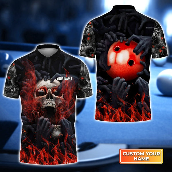 Maxcorners Red Bowling Ball Smoke Skull Customized Name 3D Shirt