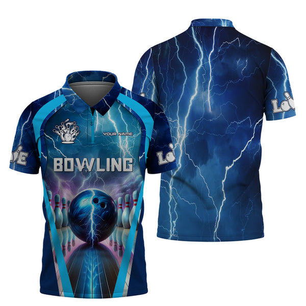 MaxCorners Bowling And Pins Blue Thunder Lightning Customized Name 3D Polo Shirt For Men