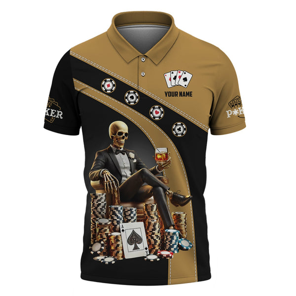 Custom Poker Shirt – Black & Gold Skeleton King Design with Chips and Whiskey – Personalized Casino Tee for Card Sharks
