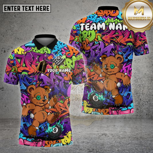 Maxcorners Billiards Shirt Graffiti Bear 8-Ball Multioptions Personalized Name, Team Name Unisex 3D Shirt (4 Colors)