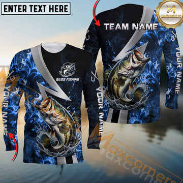 Maxcorners Bass Fishing Blue Fire Splash Personalized Name, Team Name Long Sleeve Shirt