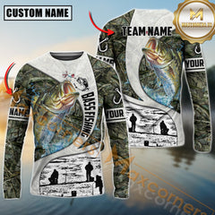 Maxcorners Bass Fishing Camo Forest Scene Personalized Name, Team Name Long Sleeve Shirt