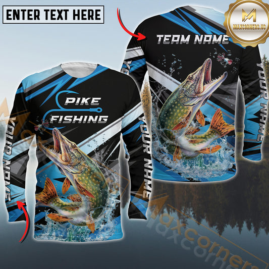 Maxcorners Pike Fishing Splash Strike Personalized Name, Team Name Long Sleeve Shirt