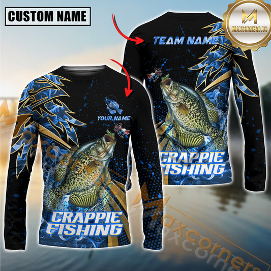 Maxcorners Crappie Fishing Hooked Jump Splash Personalized Name, Team Name Long Sleeve Shirt