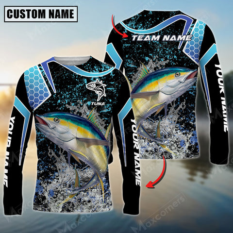 Maxcorners Tuna Fishing Blue Black Pattern Sun Protection Personalized Name Team Name 3D Shirts