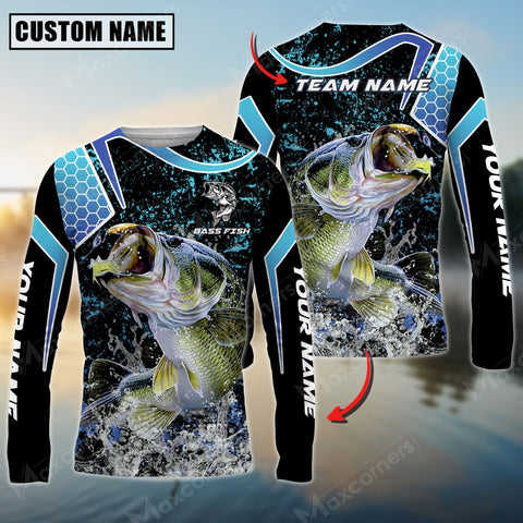 Maxcorners Bass Fishing Blue Black Pattern Sun Protection Personalized Name Team Name 3D Shirts