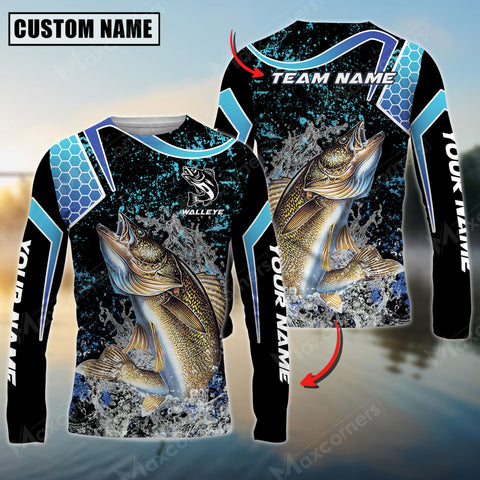 Maxcorners Walleye Fishing Blue Black Pattern Sun Protection Personalized Name Team Name 3D Shirts